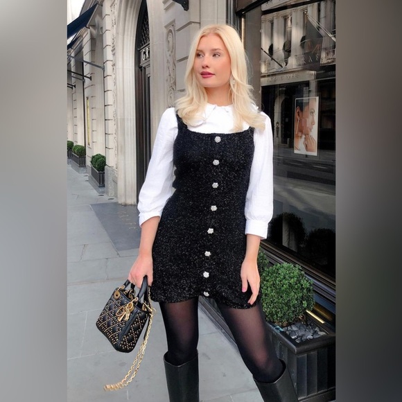 Zara Tweed Mini Dress Eyelash Metallic Knit Jewel Button Blogger favorite - Picture 13 of 14